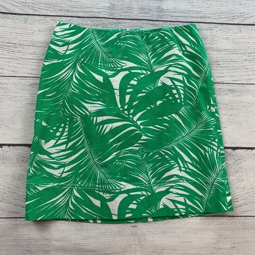 Talbots Skirt 2P Petite Green White Palm Tree Tropical Theme Pencil Lined